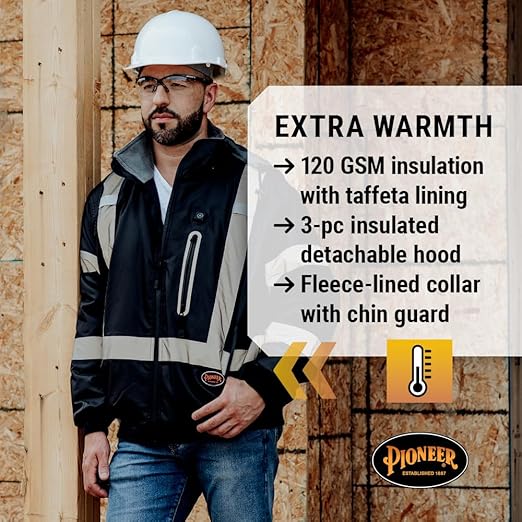 Pioneer Hi Vis Waterproof Heated Safety Bomber Jacket - Class 1 Winter Rain Gear for Men - Reflective Tape - Detachable Hood