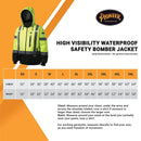 Pioneer Hi Vis Waterproof Heated Safety Bomber Jacket - Class 3 Winter Rain Gear for Men - Reflective Tape - Detachable Hood