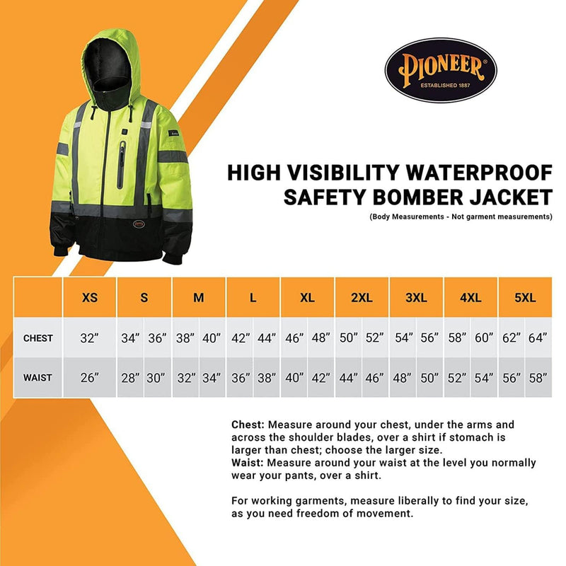 Pioneer Hi Vis Safety Bomber for Men - Waterproof, Reflective ANSI Class 3 Winter Rain Jacket with Detachable Hood