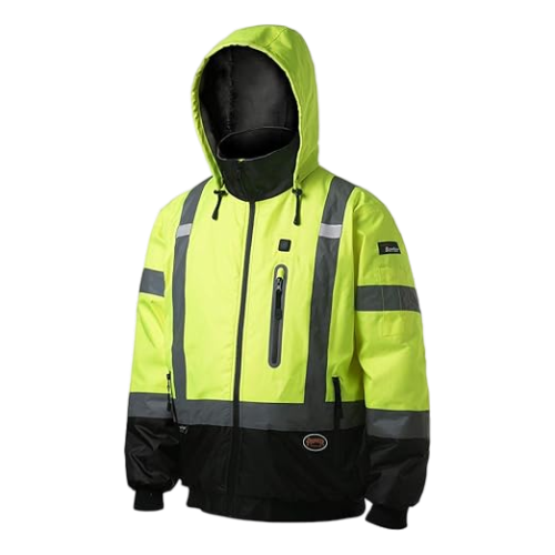 Pioneer Hi Vis Safety Bomber for Men - Waterproof, Reflective ANSI Class 3 Winter Rain Jacket with Detachable Hood