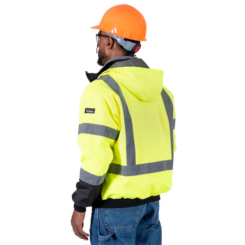 Pioneer Hi Vis Safety Bomber for Men - Waterproof, Reflective ANSI Class 3 Winter Rain Jacket with Detachable Hood