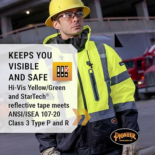 Pioneer Hi Vis Safety Bomber for Men - Waterproof, Reflective ANSI Class 3 Winter Rain Jacket with Detachable Hood
