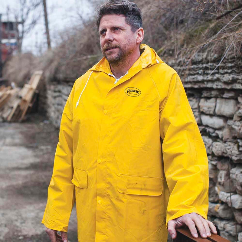 Pioneer Waterproof PVC Work Suit for Men – Repel Rain Gear Yellow Safety Jacket and Bib Pants - 3 PC Set With Detachable Hood
