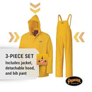 Pioneer Waterproof PVC Work Suit for Men – Repel Rain Gear Yellow Safety Jacket and Bib Pants - 3 PC Set With Detachable Hood
