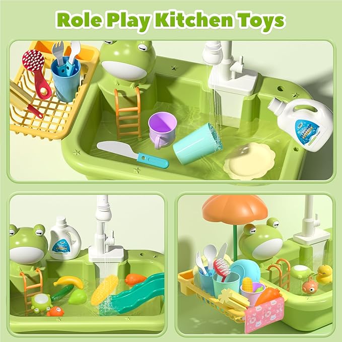 Play Sink with Running Water, Kitchen Sink Toys with Upgraded Electric Faucet, Play Kitchen Toy Accessories, Pool Floating Fishing Toys for Water Play, Kids Role Play Dishwasher Toy