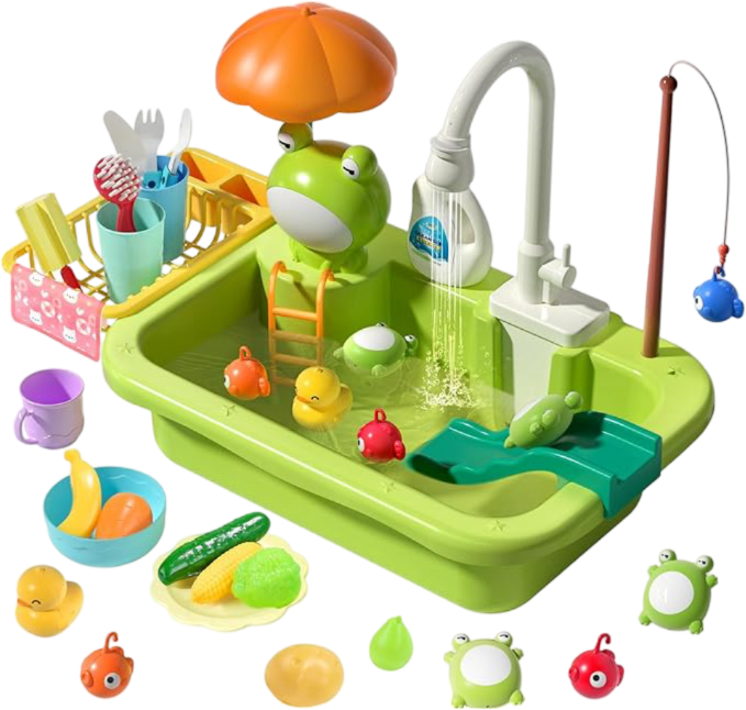 Play Sink with Running Water, Kitchen Sink Toys with Upgraded Electric Faucet, Play Kitchen Toy Accessories, Pool Floating Fishing Toys for Water Play, Kids Role Play Dishwasher Toy