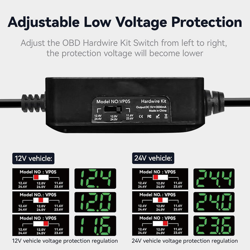 REDTIGER Dash Cam OBD Hardwire Kit – 10FT USB-C Power Cable with Low Voltage Protection