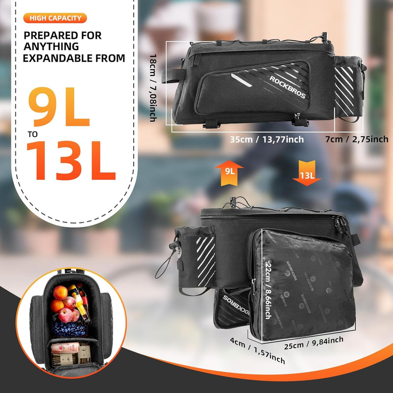 ROCKBROS 13L Bike Rack Bag with Rain Cover – Rear Trunk Storage for E-Bikes & Bicycles