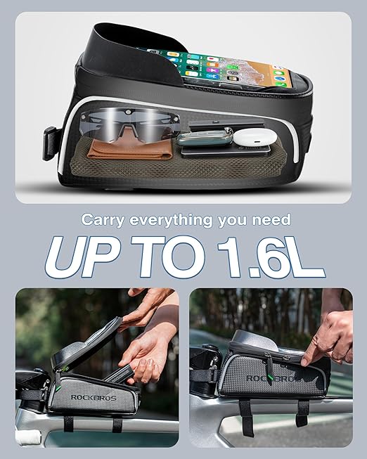 ROCKBROS Bike/Bicycle Phone Front Frame Bag 017-1BK, Waterproof, Tube Bag,Cycling Pouch, Bike Accessories for Men Compatible Phone Under 6.5”