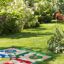 Relaxdays 10030902 XXL, Large Board Game mat Including 16 Tokens, 2 dice and 4 pegs, Garden Ludo, 160 x 180 cm, Colourful, Multicoloured