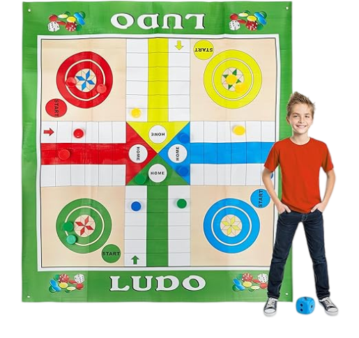 Relaxdays 10030902 XXL, Large Board Game mat Including 16 Tokens, 2 dice and 4 pegs, Garden Ludo, 160 x 180 cm, Colourful, Multicoloured