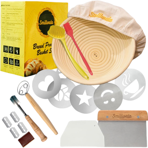 Round Banneton Bread Proofing Basket with Linen Liner, 9” Bread Basket with 6 Essential Bread Making Tools – Natural Rattan Sourdough Banneton Basket Kit for Baking Enthusiasts