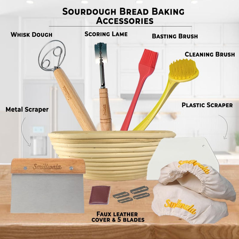 Round Banneton Bread Proofing Basket with Linen Liner, 9” Bread Basket with 6 Essential Bread Making Tools – Natural Rattan Sourdough Banneton Basket Kit for Baking Enthusiasts