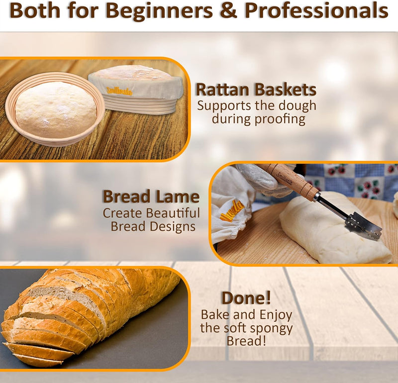 SMILLWALA Set of 2 Banneton Bread Proofing Basket 9” Round, 10” Oval with Maximum 9 Bread Making Tools and Supplies Proofing Baskets for Sourdough Bread Baking Supplies Kit, Gift for Bakers