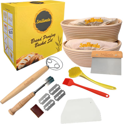 SMILLWALA Set of 2 Banneton Bread Proofing Basket 9” Round, 10” Oval with Maximum 9 Bread Making Tools and Supplies Proofing Baskets for Sourdough Bread Baking Supplies Kit, Gift for Bakers