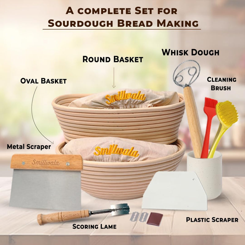 SMILLWALA Set of 2 Banneton Bread Proofing Basket 9” Round, 10” Oval with Maximum 9 Bread Making Tools and Supplies Proofing Baskets for Sourdough Bread Baking Supplies Kit, Gift for Bakers
