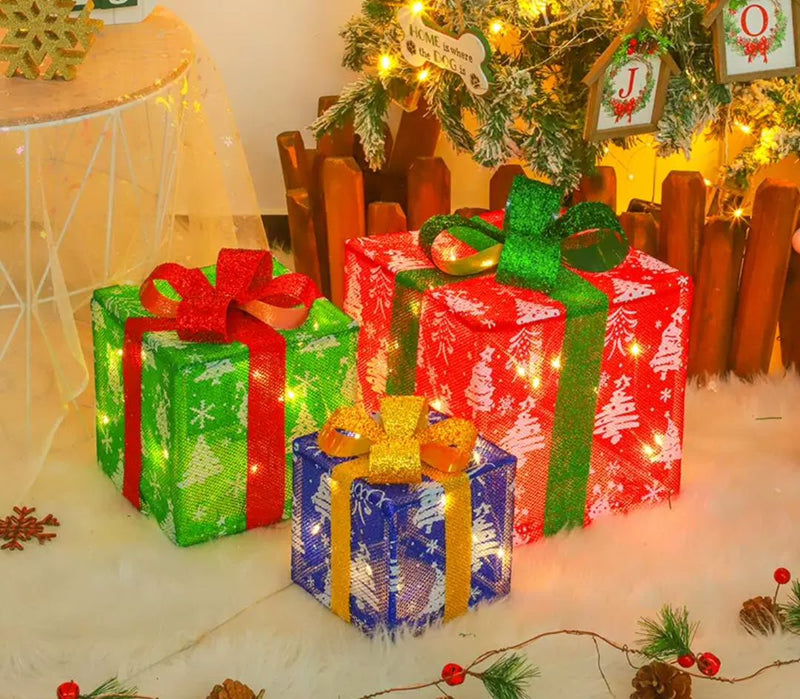 Set of 3 Lighted Gift Boxes – Indoor/Outdoor Christmas Decorations with String Lights