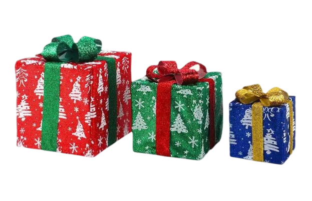 Set of 3 Lighted Gift Boxes – Indoor/Outdoor Christmas Decorations with String Lights
