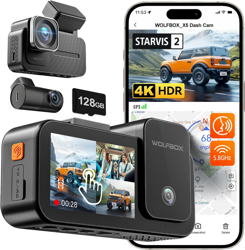 WOLFBOX X5 3-Channel 4K HDR Dash Cam – Full Vehicle Coverage with GPS & Voice Control