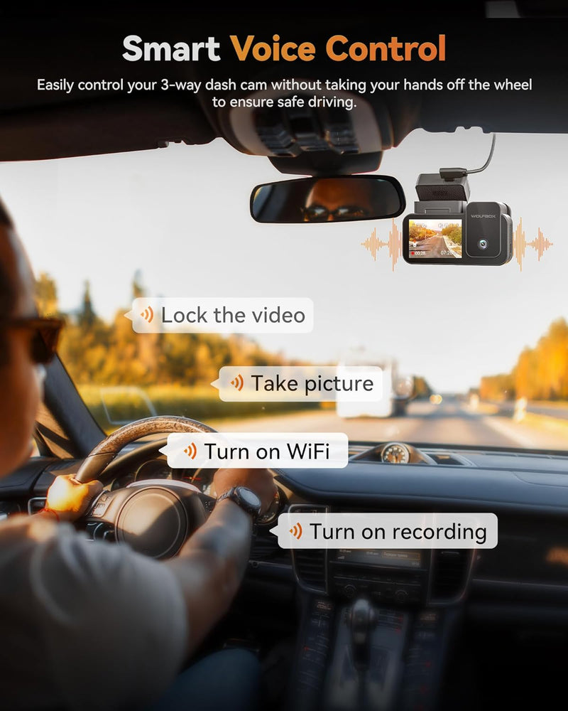 WOLFBOX X5 3-Channel 4K HDR Dash Cam – Full Vehicle Coverage with GPS & Voice Control