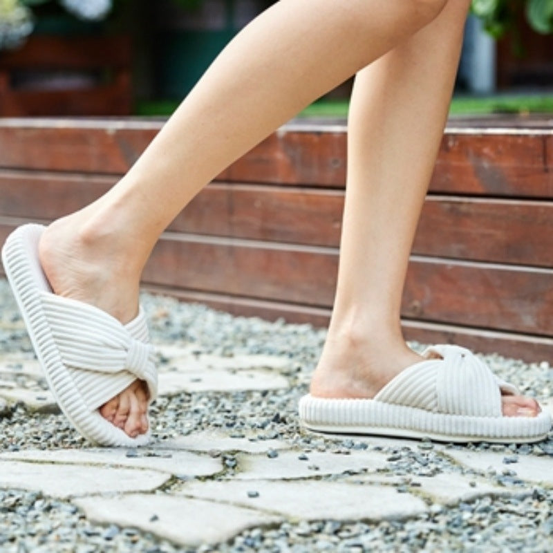 Women’s Memory Foam House Slippers Corduroy Bow Crossband Slide Slippers Comfy Indoor Shoes