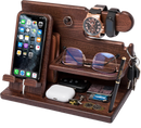 Wood Phone Docking Station for Men Desk or Nightstand Organizer Key Holder Wallet Watch Stand Gift for Husband Dad