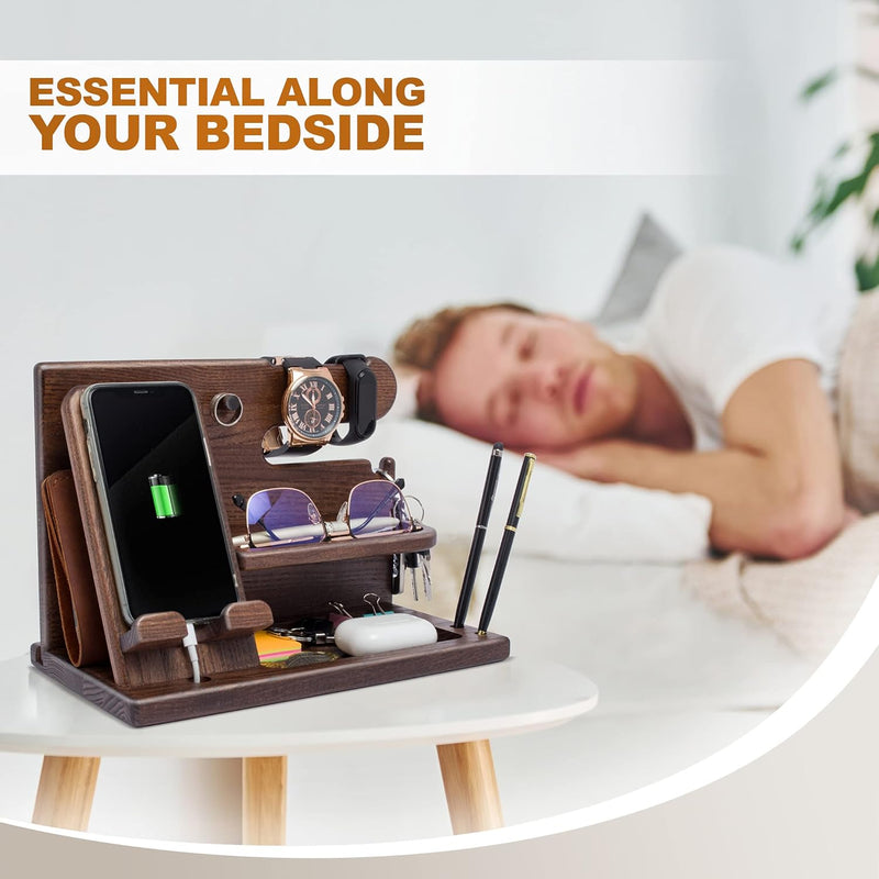 Wood Phone Docking Station for Men Desk or Nightstand Organizer Key Holder Wallet Watch Stand Gift for Husband Dad