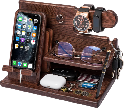 Wood Phone Docking Station for Men Desk or Nightstand Organizer Key Holder Wallet Watch Stand Gift for Husband Dad