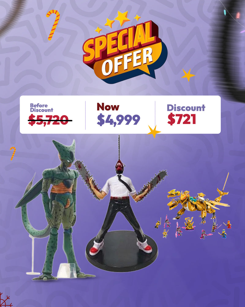 Dragon Ball Z Cell First Form Action Figure & Chainsaw Man - Action Figure & NINJAGO Lloyd’s Golden Ultra Dragon – 4-Headed Action Figure with 9 Minifigures