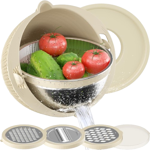 4-1 Colander with Mixing Bowl Set - for Kitchen, Food, Pasta And Rice Strainer, Fruit Cleaner, Veggie Wash, Salad Spinner, Apartment & Home Essentials - Beige